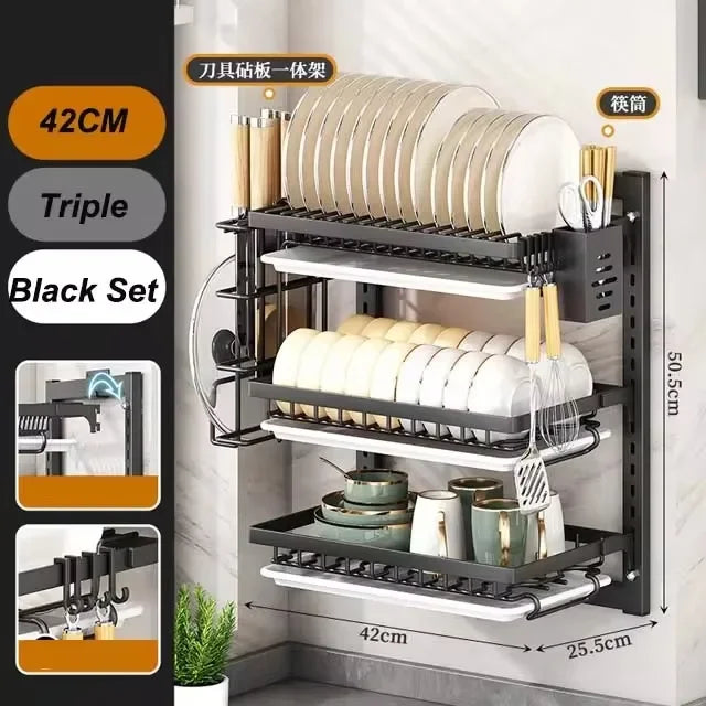 Multifunctional Wall-Mounted Kitchen Dish Rack with Drainboard Holder