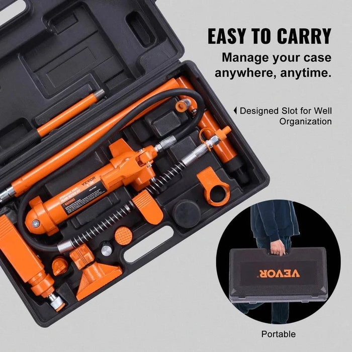 Hydraulic cylinder jack power frame repair & lifting tool kit for automotive and heavy equipment (4 ton) in action