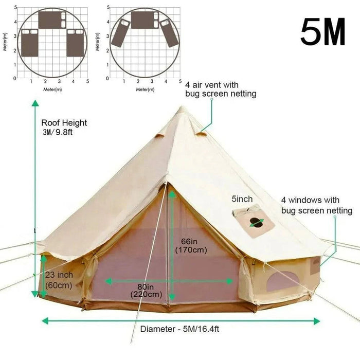 Spacious and durable waterproof cotton canvas bell tent for 4 seasons outdoor camping