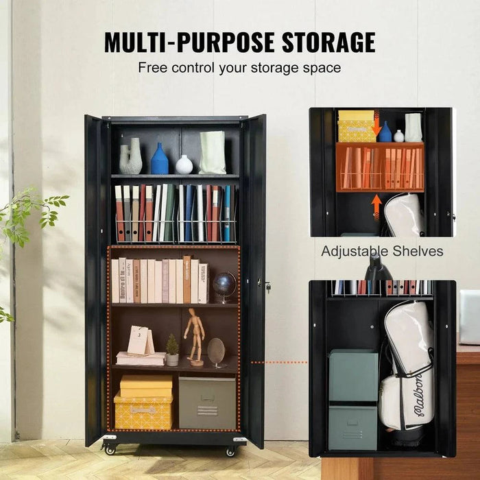 Large metal storage cabinet with 2 magnetic doors, 4 adjustable shelves