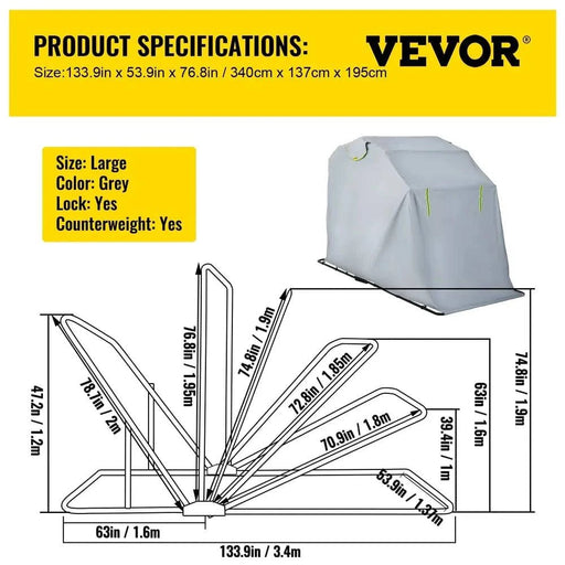 Large Waterproof Motorcycle Cover with Durable Steel Frame, 340x137x195cm (Grey) - FLUXA