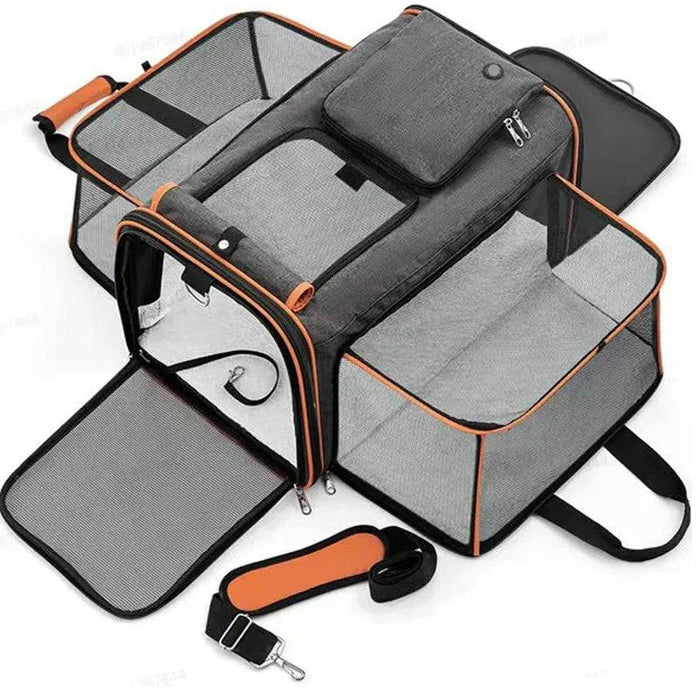 Expandable Foldable Large Capacity Pet Carrier in Orange with secure zipper closure and durable nylon material