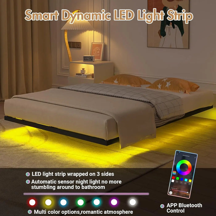 Modern Black Floating Bed Frame LED Sensor Lights, Heavy Duty Metal Slats, Easy Assembly