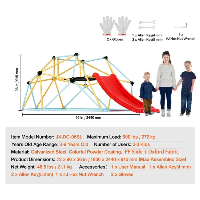 8FT Geometric Dome Climber Jungle Gym Swing with Slide Outdoor Backyard Play Equipment for Kids