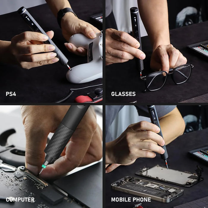 Features a carbon fiber handle for impact resistance and 42 magnetic screwdriver bits with secure storage case