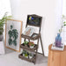 Dark brown A-frame shelf with built-in chalkboard for personal messages