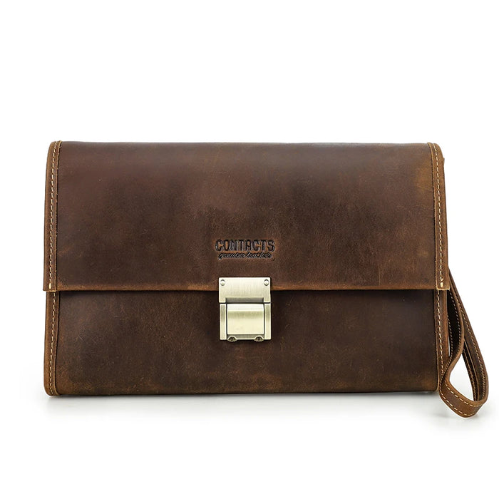 Black leather men's clutch wallet with password lock and wrist strap