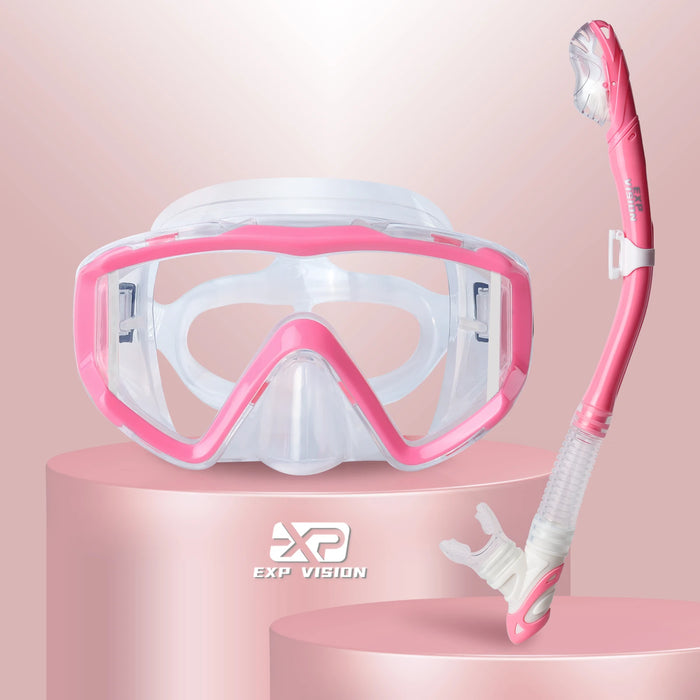 Dry snorkel set with anti-fog pink PC lens scuba diving mask for underwater exploration