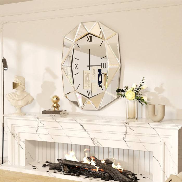 Large Decorative Silver Wall Clock with Beveled Glass Finish