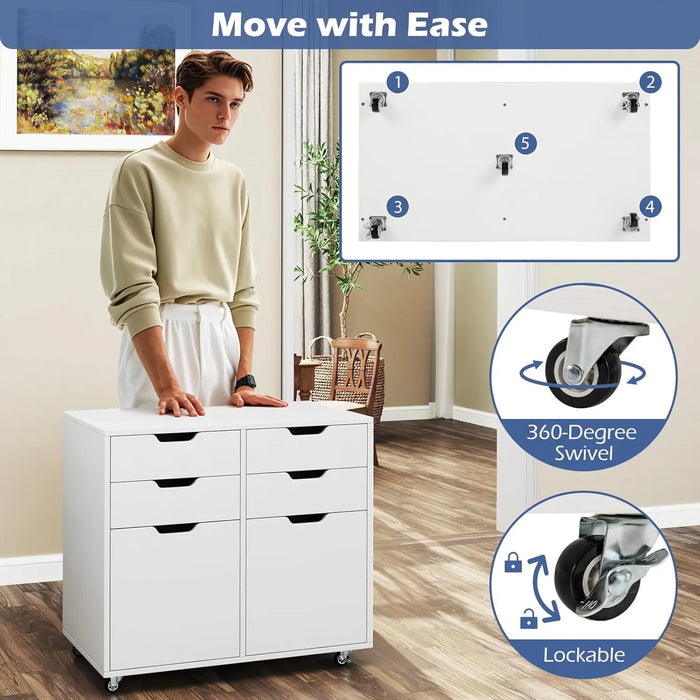 Mobile Wood Storage Cabinet with 4 Drawers, 2 Doors & 5 Wheels Rolling Printer Stand for Home or Office