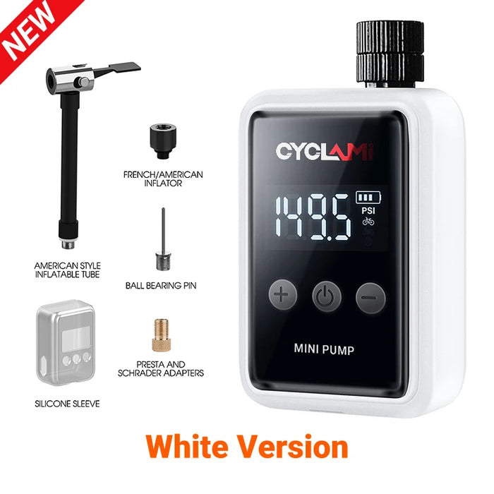 Portable Electric Air Compressor for Bicycle Tire Inflation, White Variant, Compact & Lightweight Design with LED Display, Fast-Charging Battery for Quick Inflation, Ideal for Road, Mountain & Hybrid Bikes
