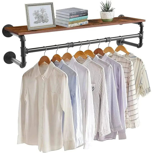 Wall-mounted industrial pipe clothes rack with shelf in black and dark brown, made from durable metal iron and MDF board Ideal for bedrooms, closets, entryways, or laundry rooms
