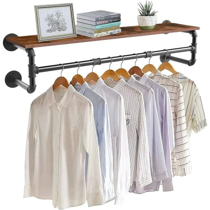 Wall-mounted industrial pipe clothes rack with shelf in black and dark brown, made from durable metal iron and MDF board Ideal for bedrooms, closets, entryways, or laundry rooms