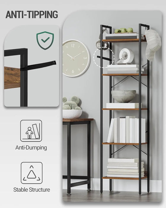 Industrial 6-Tier Bookshelf with 2 Hooks Rustic Brown & Black, Corner Storage Organizer
