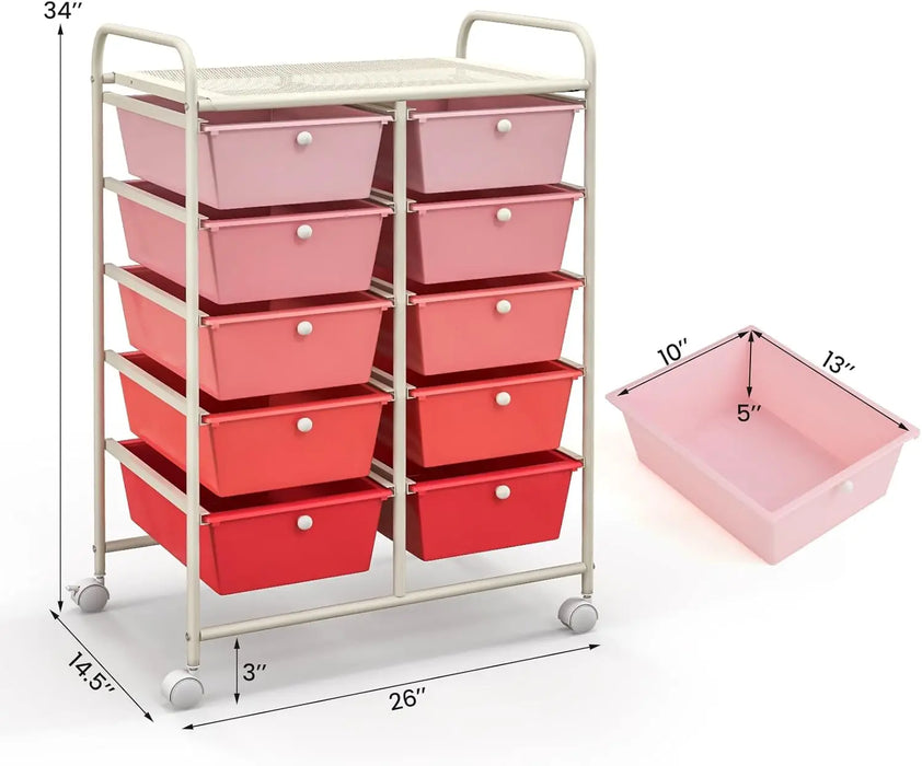 Portable 10-Drawer Storage Trolley with Lockable Wheels Metal Frame for Home, School & Art Use