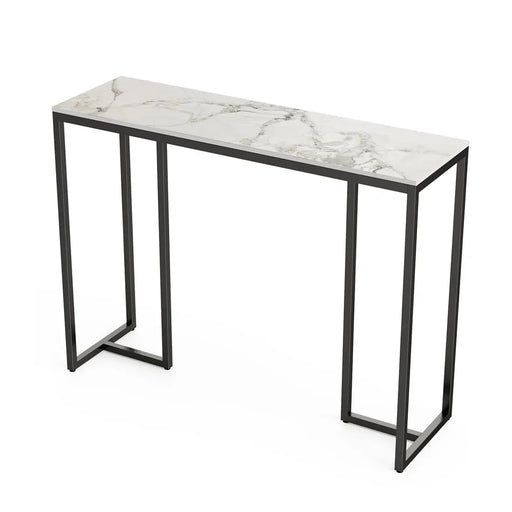 Modern Console Table Dark Marble Entryway Foyer Sofa Table with Black Metal Legs