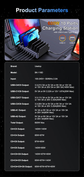 10-Port GaN USB Charger Stand for Laptop and Phone