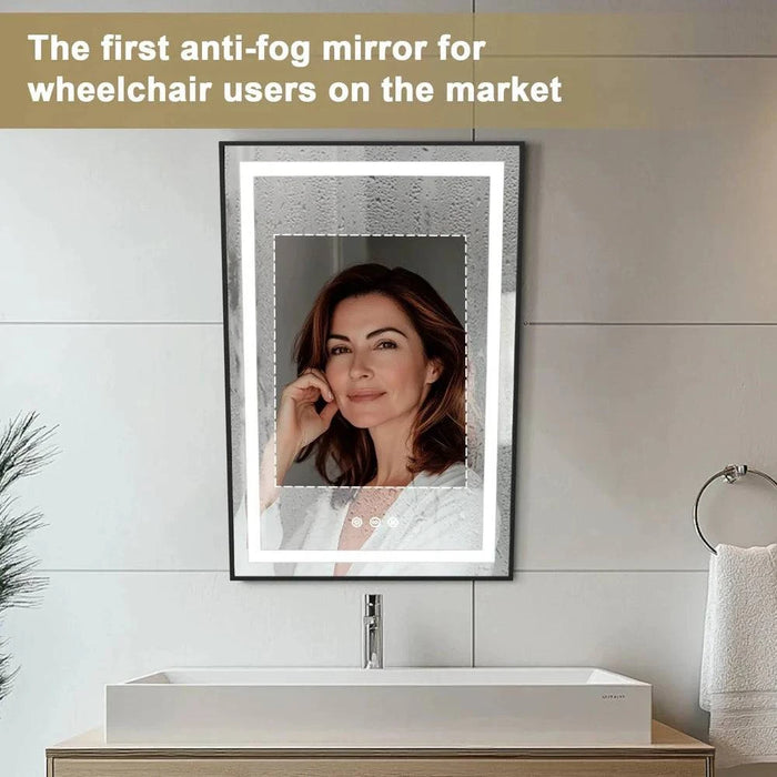 60x90 cm LED Illuminated Bathroom Mirror with Fixed Tilt, Smart Front-lit Black Framed Design - FLUXA