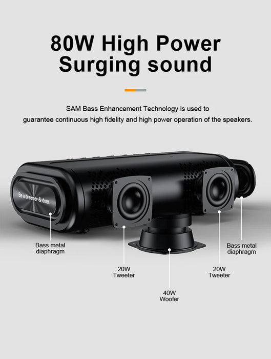 80W Waterproof Bluetooth Speaker with Deep Bass & Power Bank