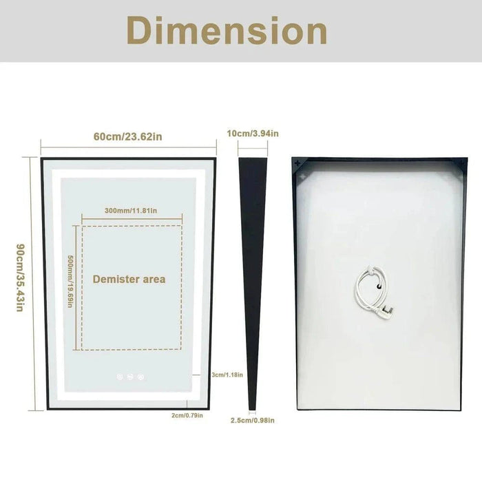 60x90 cm LED Illuminated Bathroom Mirror with Fixed Tilt, Smart Front-lit Black Framed Design - FLUXA