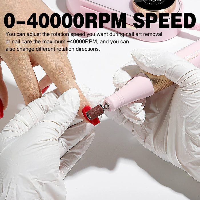 Nail Drill 40000RPM Pink Cordless Electric File for Acrylic and Gel Nails - Professional high-speed nail drill for salon-quality manicures and pedicures