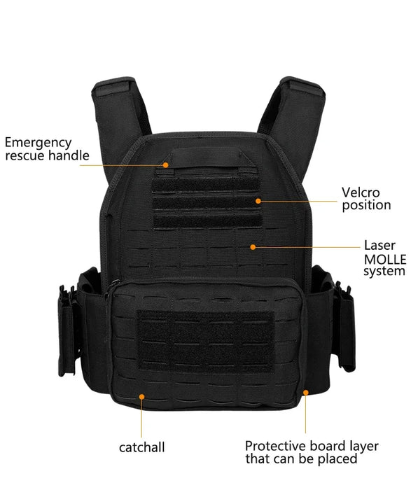 Tactical Plate Carrier Vest with Quick Release, Black, Molle System, Adjustable Straps, and Security Bandolier for Hunting and Outdoor Gear