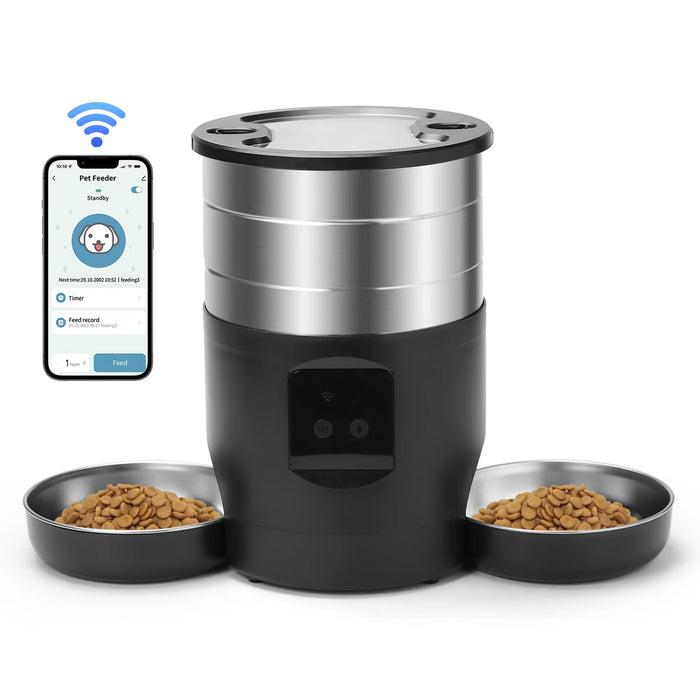 Black automatic pet feeder with stainless steel bowls and WiFi connectivity