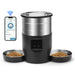 Black automatic pet feeder with stainless steel bowls and WiFi connectivity