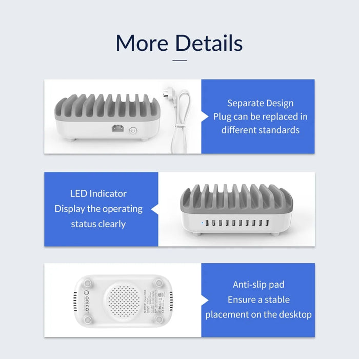 10 Port USB Charging Station 120W Fast Charge White