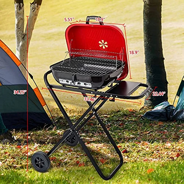Outdoor Folding BBQ Grill with Adjustable Height & Rack Red