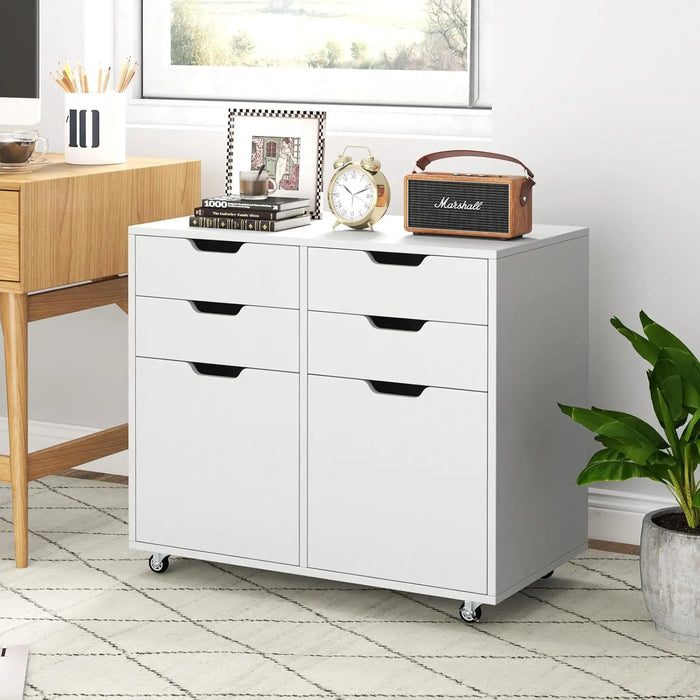 Mobile Wood Storage Cabinet with 4 Drawers, 2 Doors & 5 Wheels Rolling Printer Stand for Home or Office