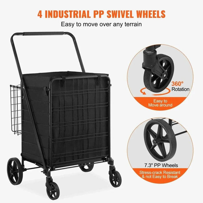 Folding Shopping Cart with Removable Waterproof Liner and 360° Swivel Wheels (150 kg Capacity) close-up of the reinforced iron frame and intensive mesh bottom
