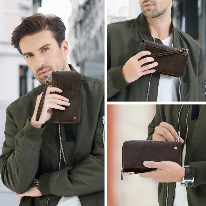  Coffee long clutch wallet with double-zipper closure and detachable wrist strap 
