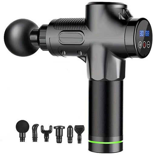 High-frequency massage gun with 30 adjustable speed levels and 6 massage heads