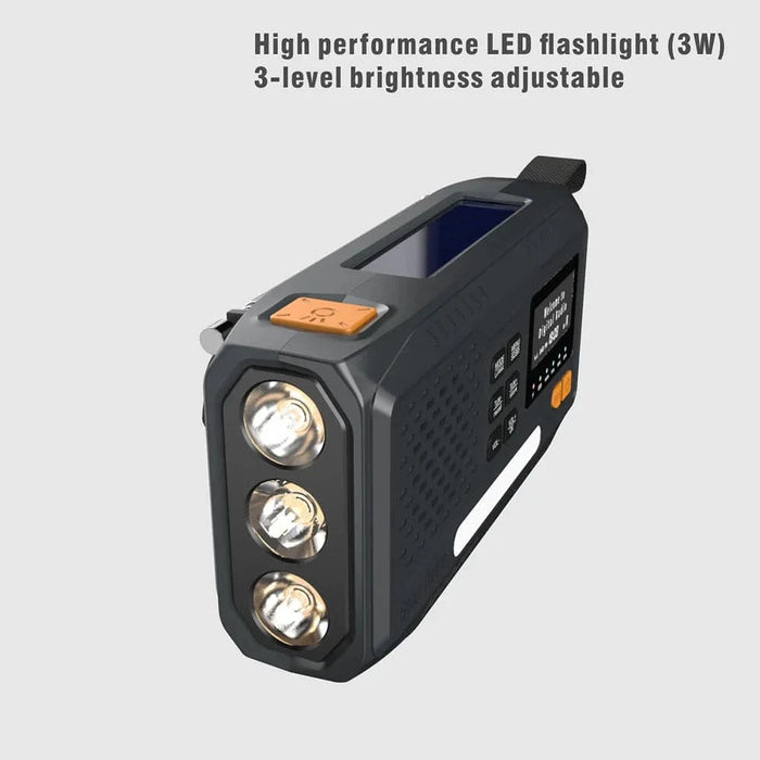 Portable Solar Powered DAB/FM Radio with Hand Crank, USB Charging, Bluetooth Speaker, LED Flashlight, SOS, and Power Bank - FLUXA