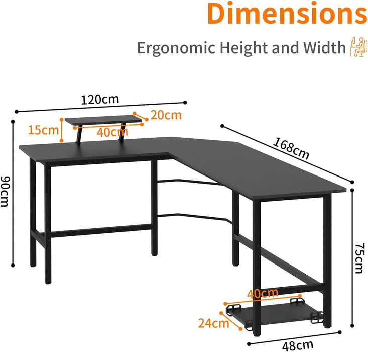 Black L-Shaped Corner Desk Wood & Metal Workstation with Monitor Shelf and Tower Stand