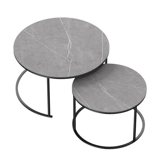 Round black nesting coffee tables with sintered stone top and metal frame
