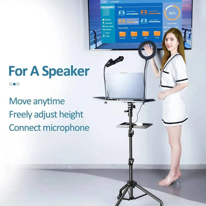 Versatile tripod stand for laptops, projectors, DJ equipment, and more, with adjustable height and foldable design for easy transport
