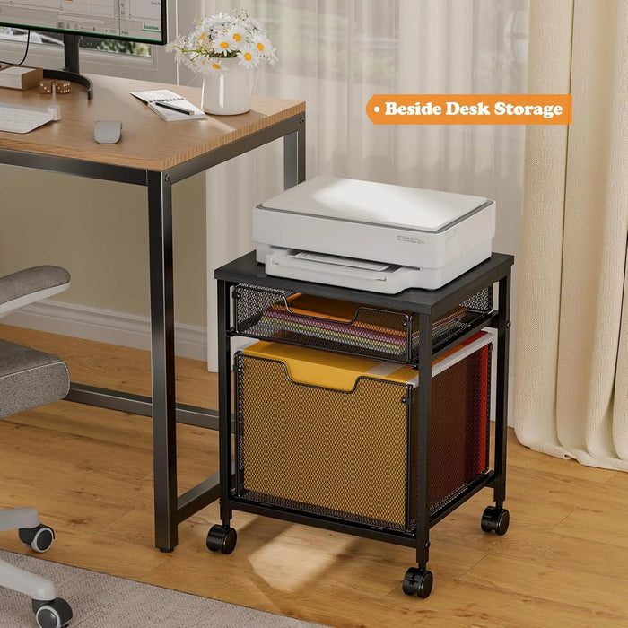 Mobile File Cabinet with 2 Drawers and Printer Stand Lockable Wheels & Hanging File Storage