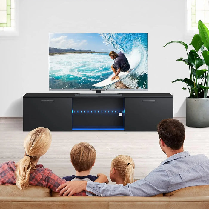 Modern 160cm Media Console LED Lights, Storage Cabinets & Open Shelf for Living Room TVs