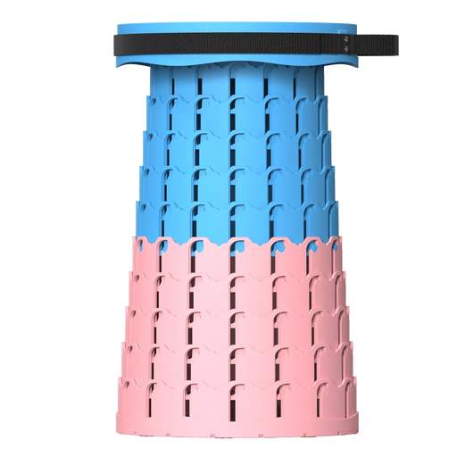 Telescopic portable camping stool in blue and pink, collapsible for easy transport