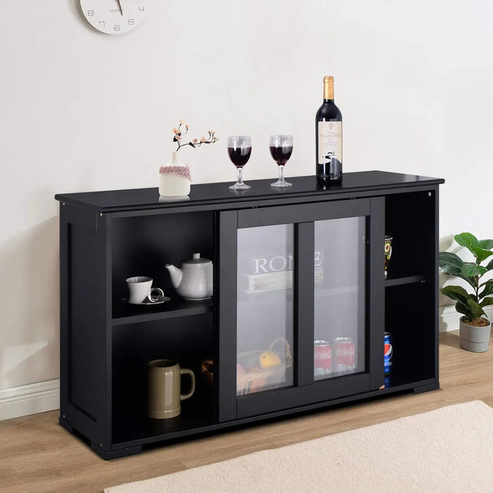 Modern Wood Sideboard with Sliding Glass Doors and Adjustable Shelves Black