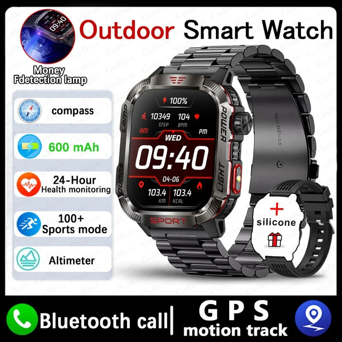 Waterproof Outdoor Smartwatch with Compass & Bluetooth Call – Black Steel