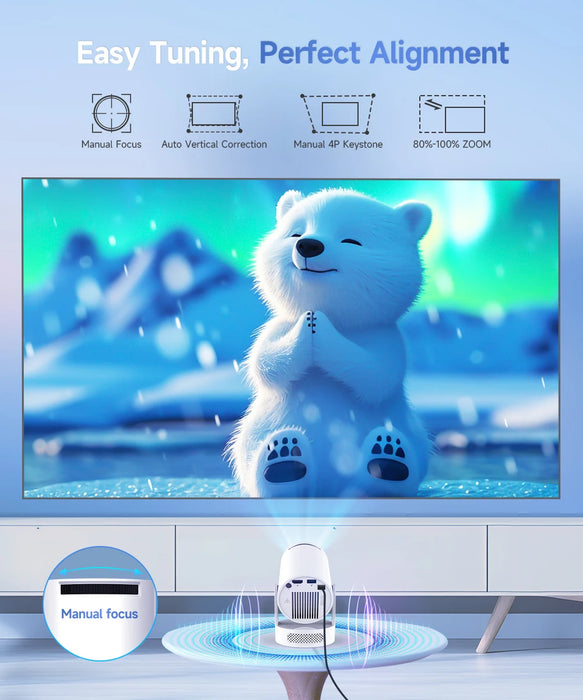 Manual Focus Portable Projector with 5W Speaker, 720P, WiFi 6, BT