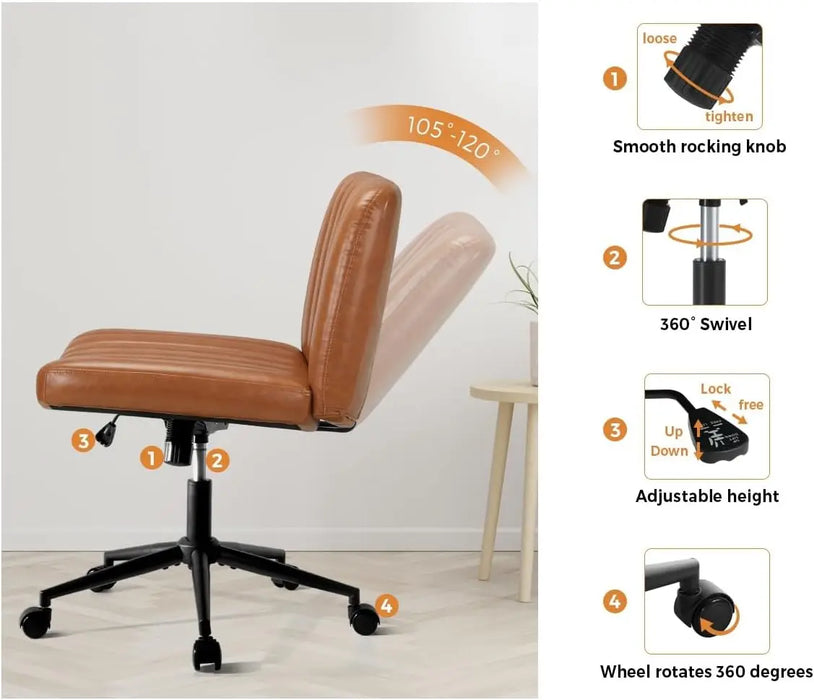 Ergonomic PU Leather Home Office Chair Padded Seat, Adjustable Backrest, Brown