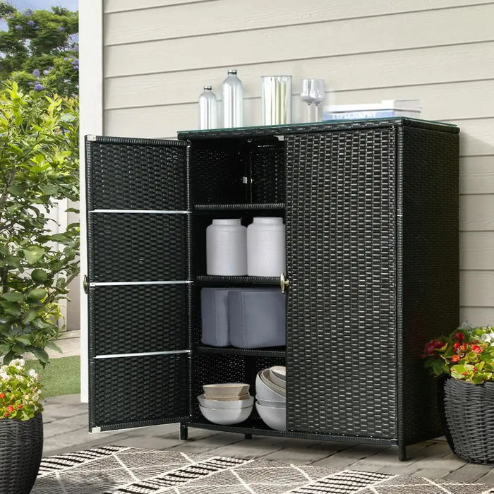 2-in-1 Outdoor Wicker Storage Chest with Shelving