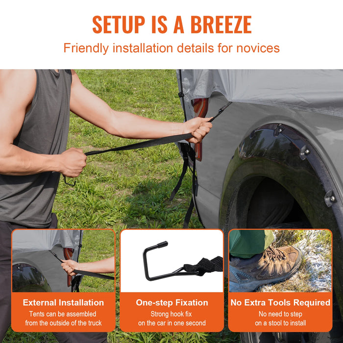 Truck bed tent with waterproof double layer, rainfly, and carry bag for camping