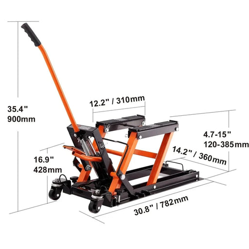  Heavy-duty motorcycle lift with 1500 lbs capacity, adjustable height range, and non-slip wide deck
