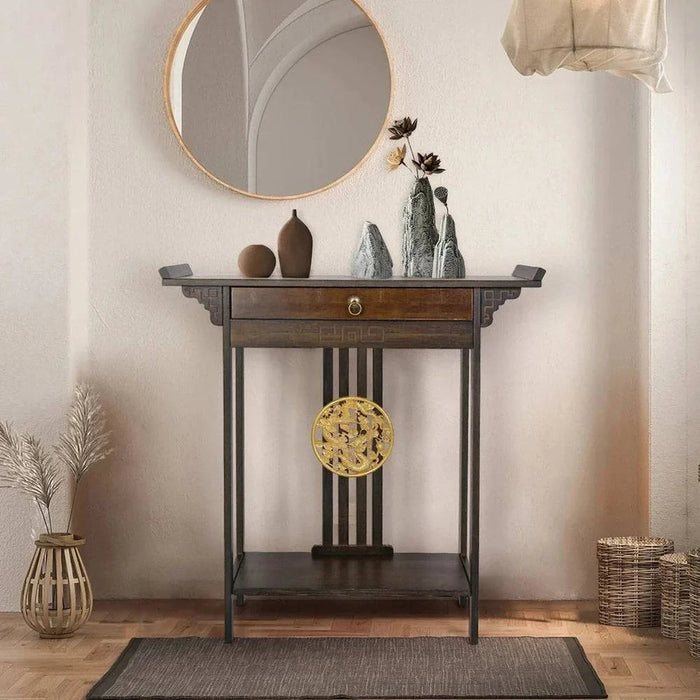 Vintage Rustic Console Table with Pull Drawer & Shelf - FLUXA