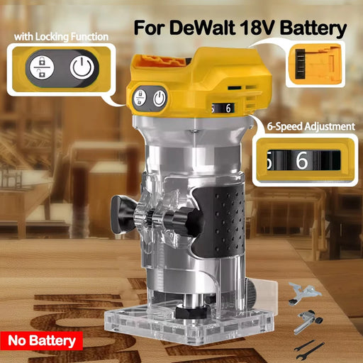Yellow and black electric trimming machine for woodworking, with transparent base